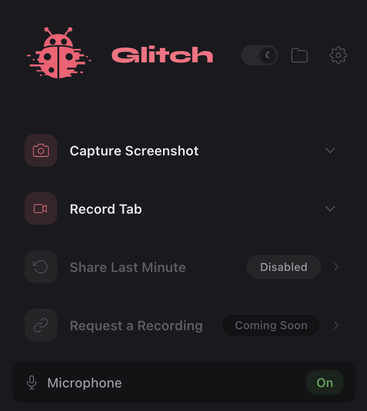 The Glitch extension popup: record, screenshot, last-minute, and mic controls